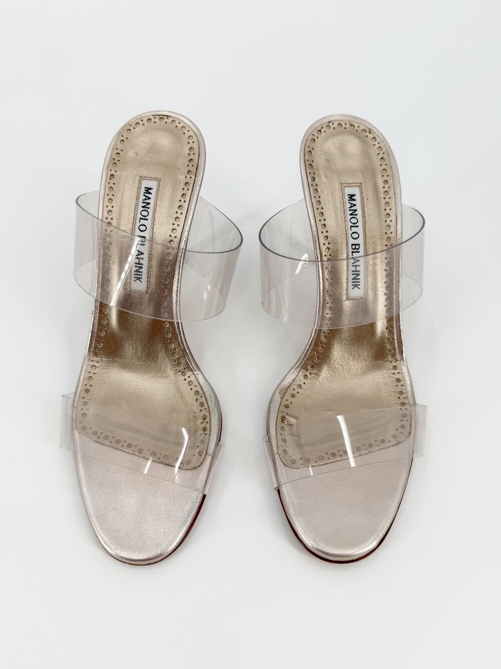 Manolo Blahnik Scolto Gold Metallic PVC Clear Strap Slide Mules Heels Size 37